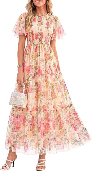 PRETTYGARDEN Tulle Floral Dress Women Summer Wedding Guest 2026 Spring Short Sleeve Maxi Smocked ... | Amazon (US)
