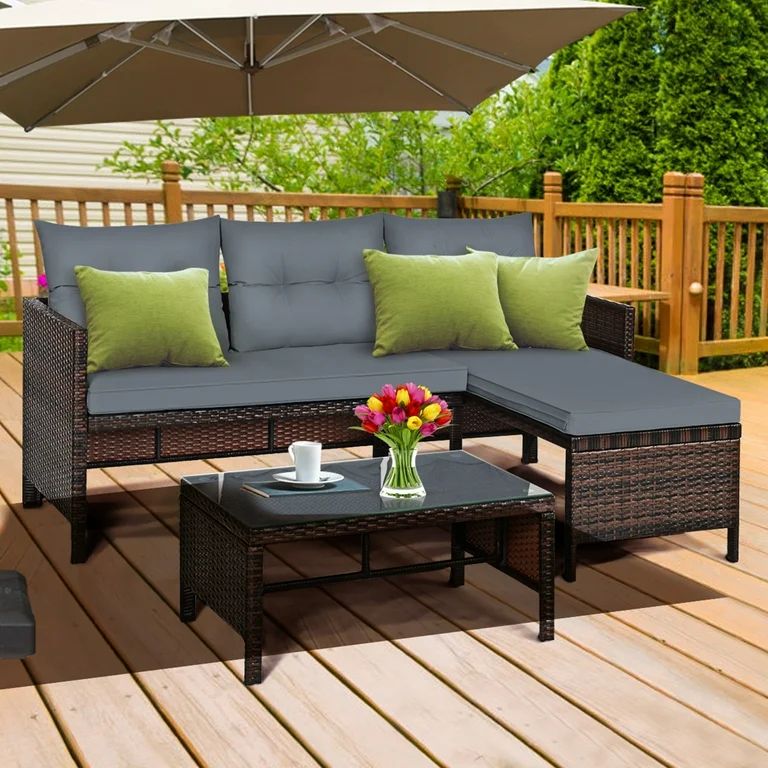 Gymax 3 Pieces Outdoor Rattan Furniture Set Patio Couch Sofa Set with Cushion | Walmart (US)