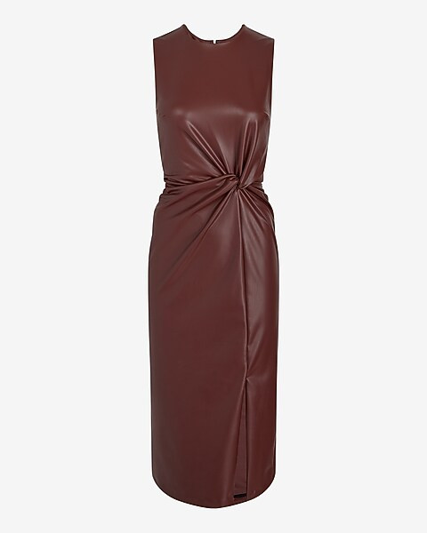Body Contour Faux Leather Twist Front Midi Sheath Dress | Express