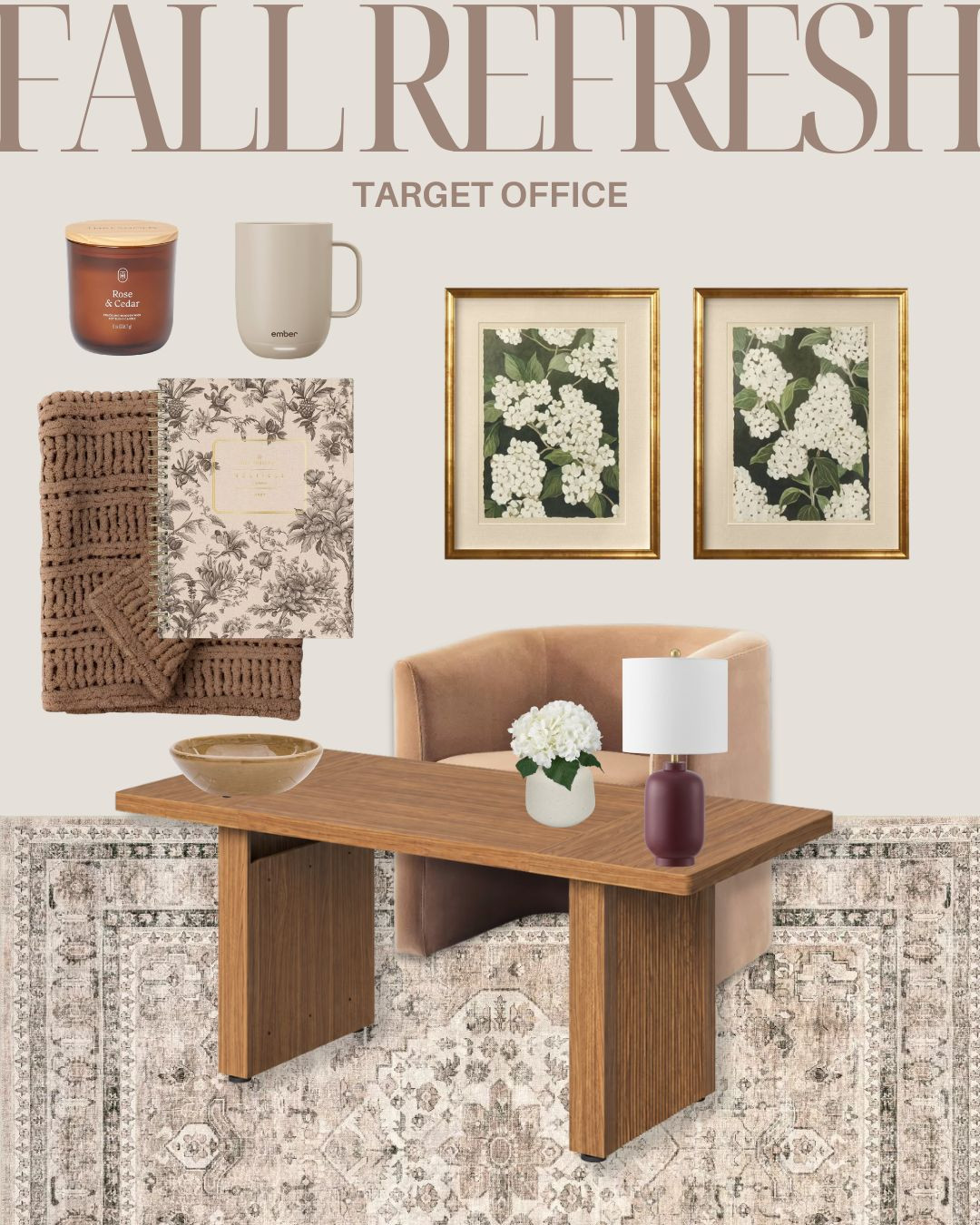 I’m a big fan of a Target office refresh that doesn’t require starting from scratch. These warm wood tones, classic botanical prints, textured accents, and cozy lighting make a workspace feel much more inviting while still looking pulled together. And yes, I would absolutely be keeping that Ember mug on my desk.

target office decor, target home finds, office refresh, home office ideas, home office decor, cozy office decor, office styling ideas, target furniture, fall home decor, AudrieDollins 

 