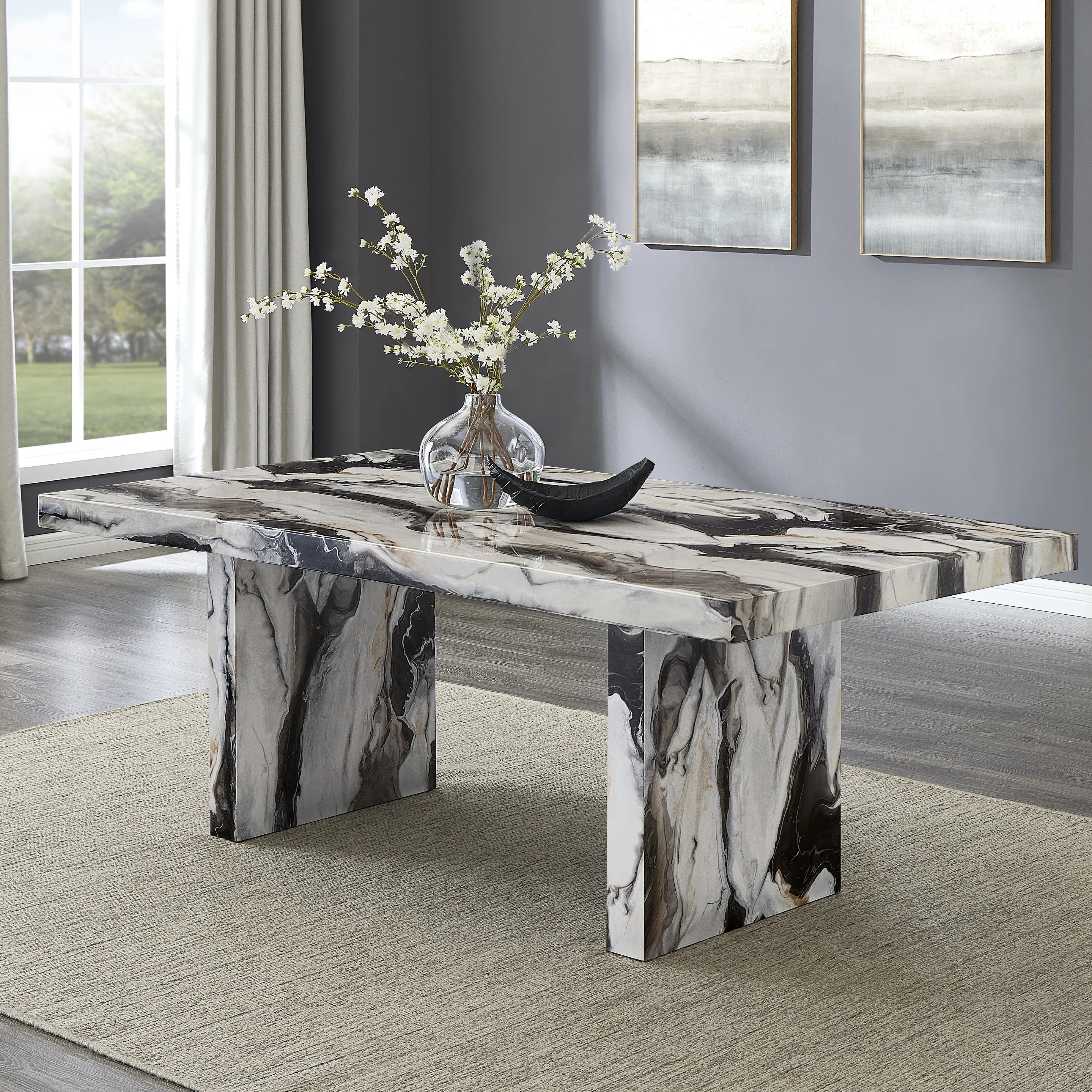 Lark Manor™ Oxalide Modern Faux Marble Dining Table With Double Pedestal Base & Reviews | Wayfair | Wayfair North America
