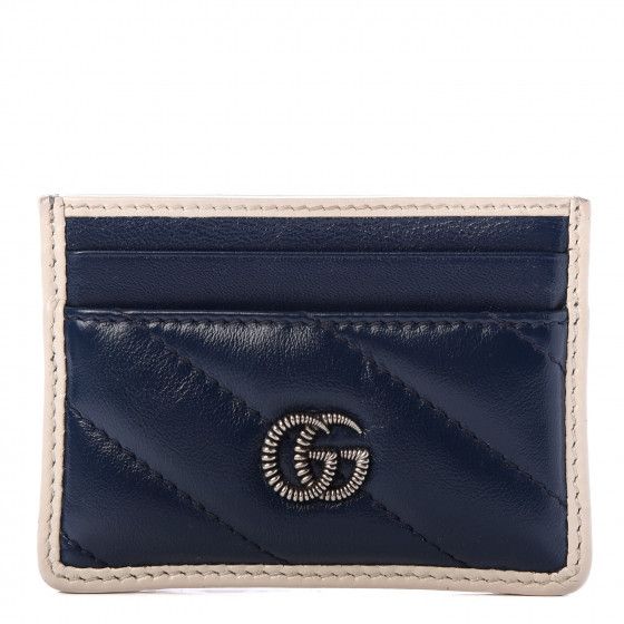 GUCCI Vintage Effect Calfskin Matelasse Diagonal Torchon GG Marmont Card Holder Blue Beige | Fashionphile