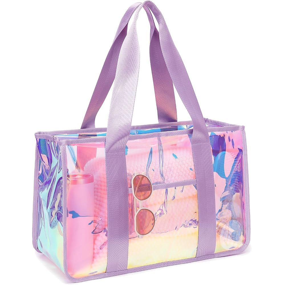 Iridescent Clear Beach Bag for Women, Large Pool Tote Cruise Vacation Essentials - Waterproof, Zi... | Amazon (US)