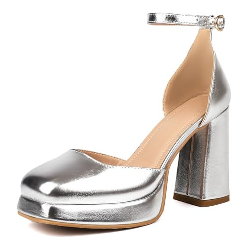 XIEDA Women's Silver Platform Heels High Chunky Block Heels Ankle Strap Closed Toe Pumps Shoes (9.5, Silver) | Amazon (US)