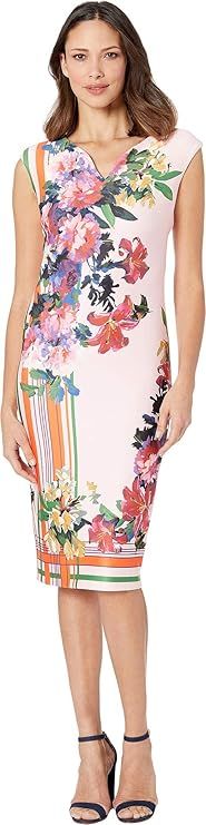 eci Women's V-Neck Striped Floral Printed Scuba Dress | Amazon (US)