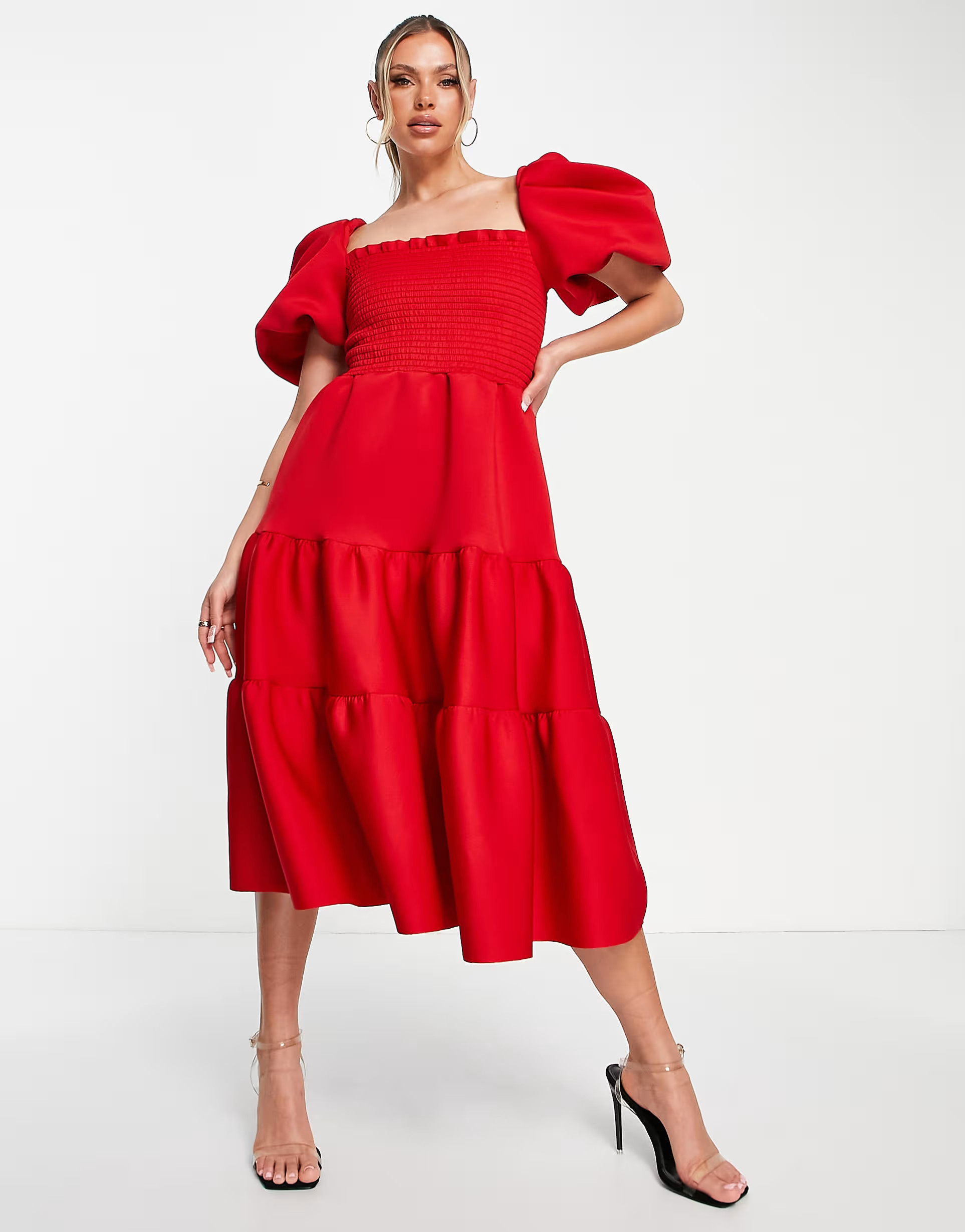ASOS DESIGN shirred puff sleeve tiered prom midi dress in red | ASOS (Global)