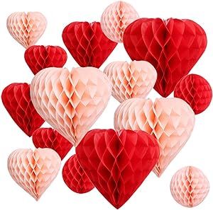 UNIQOOO 16 Pack Red Blush Pink Party Decoration Pom Pom | Heart & Ball Tissue Paper Honeycomb | P... | Amazon (US)