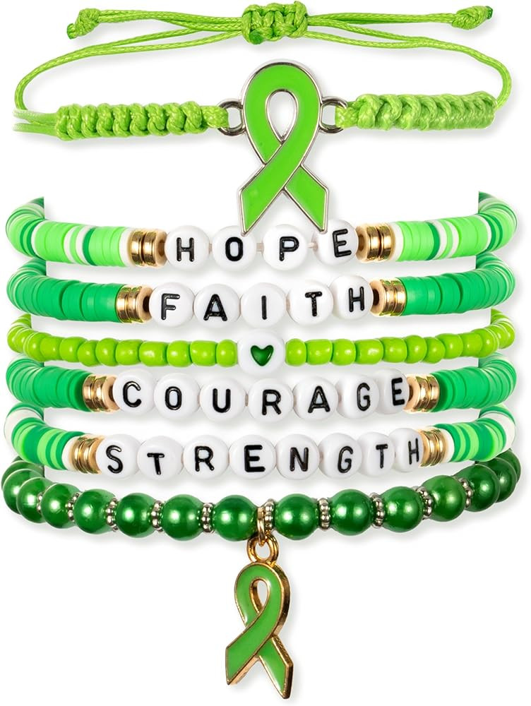 Y1tvei Mental Health Awareness Bracelets - 8Pcs Green Ribbon Faith Hope Clay Bead Bracelet with R... | Amazon (US)