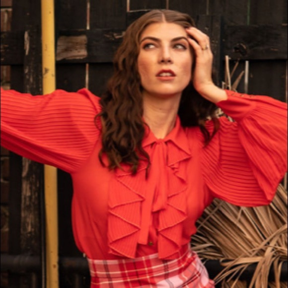 Zara Red Tie Up Long Sleeve Ruffled Button Up Women's Dress Blouse Top | Poshmark