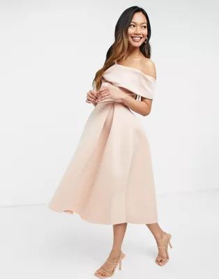 ASOS DESIGN fallen shoulder prom midi dress in rosedust | ASOS (Global)