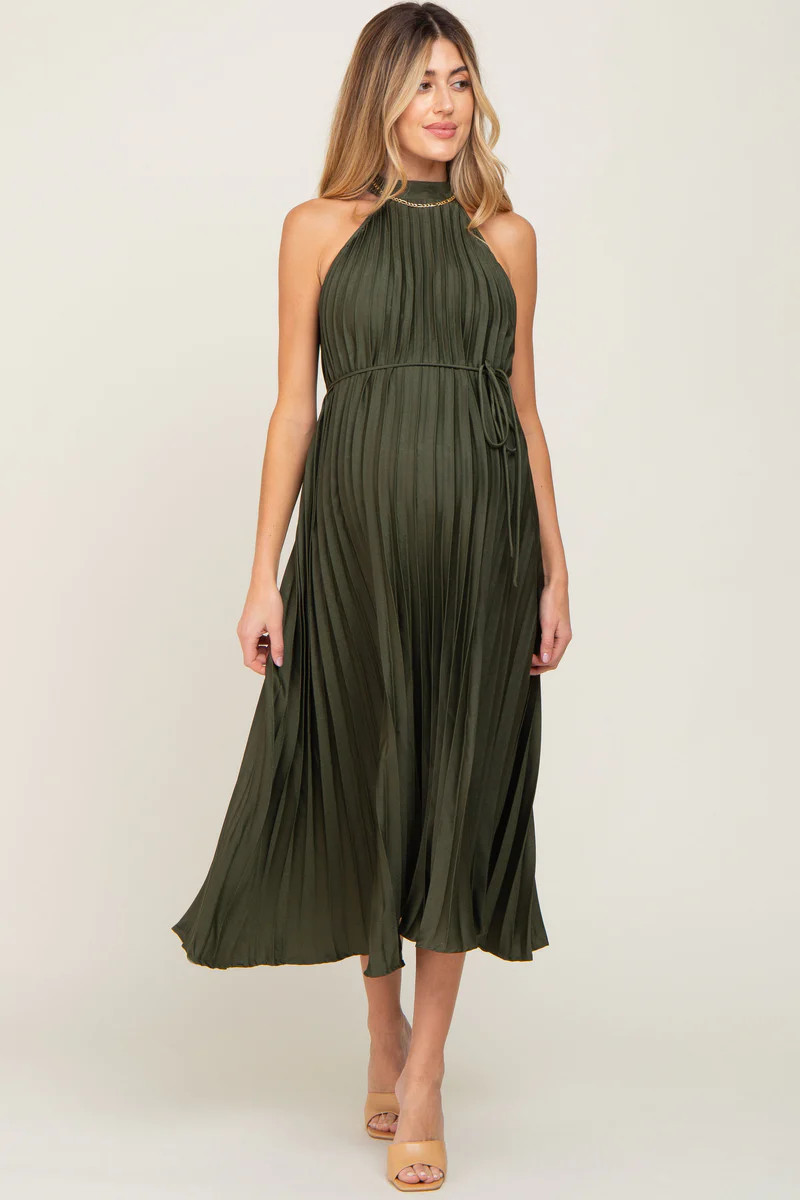 Olive Pleated Maternity Halter Dress | PinkBlush Maternity
