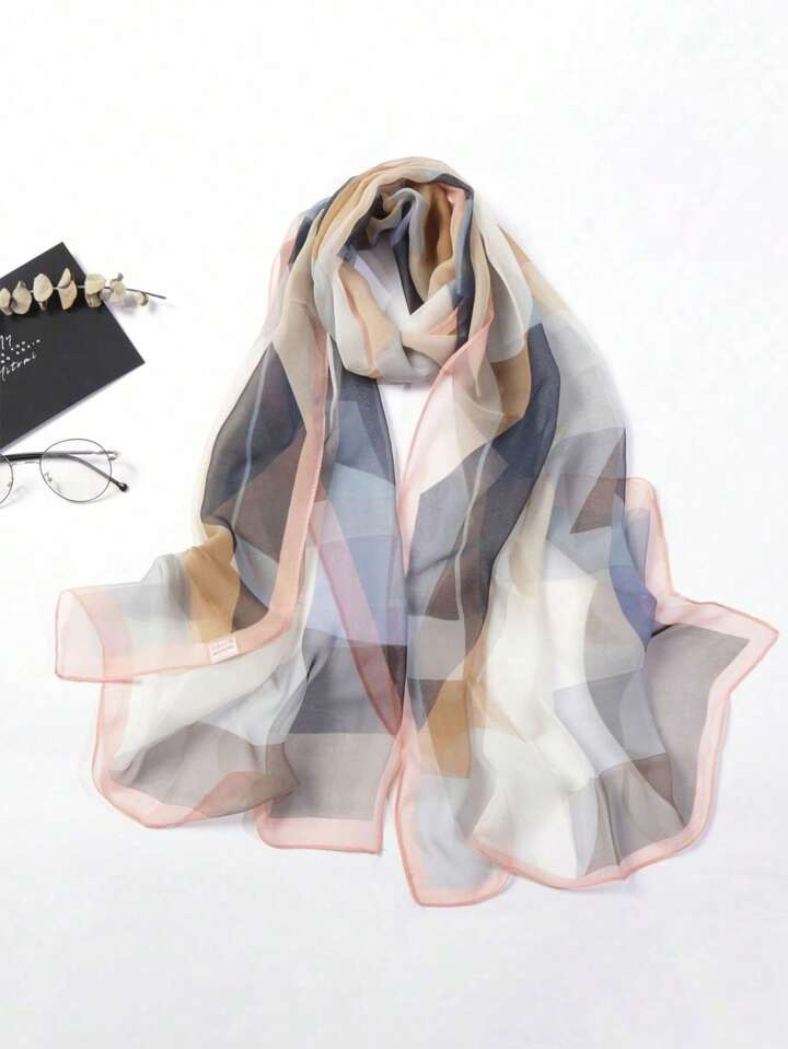 1pc Women'S Multicolor Geometric Cube & Small Flower & Checkered Pattern Light Chiffon Scarf For ... | SHEIN
