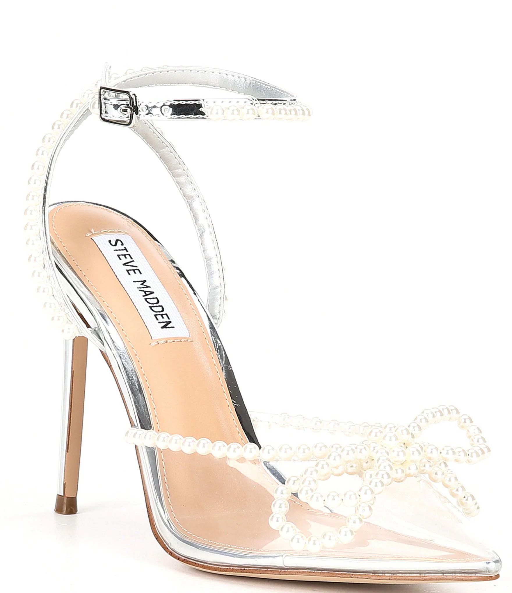 Viable Clear Pearl Embellished Bow Ankle Strap Pumps | Dillard's
