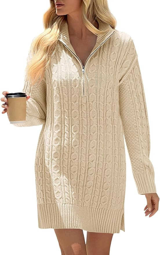 Saodimallsu Womens Cable Knit Mini Sweater Dress Quarter Zip Long Sleeve V Neck Collared Pullover... | Amazon (US)