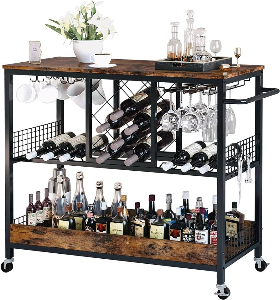 IRONCK Bar Cart, Serving Cart with Wine Rack Glasses Holder Kitchen Cart on Wheels Wood and Metal... | Amazon (US)