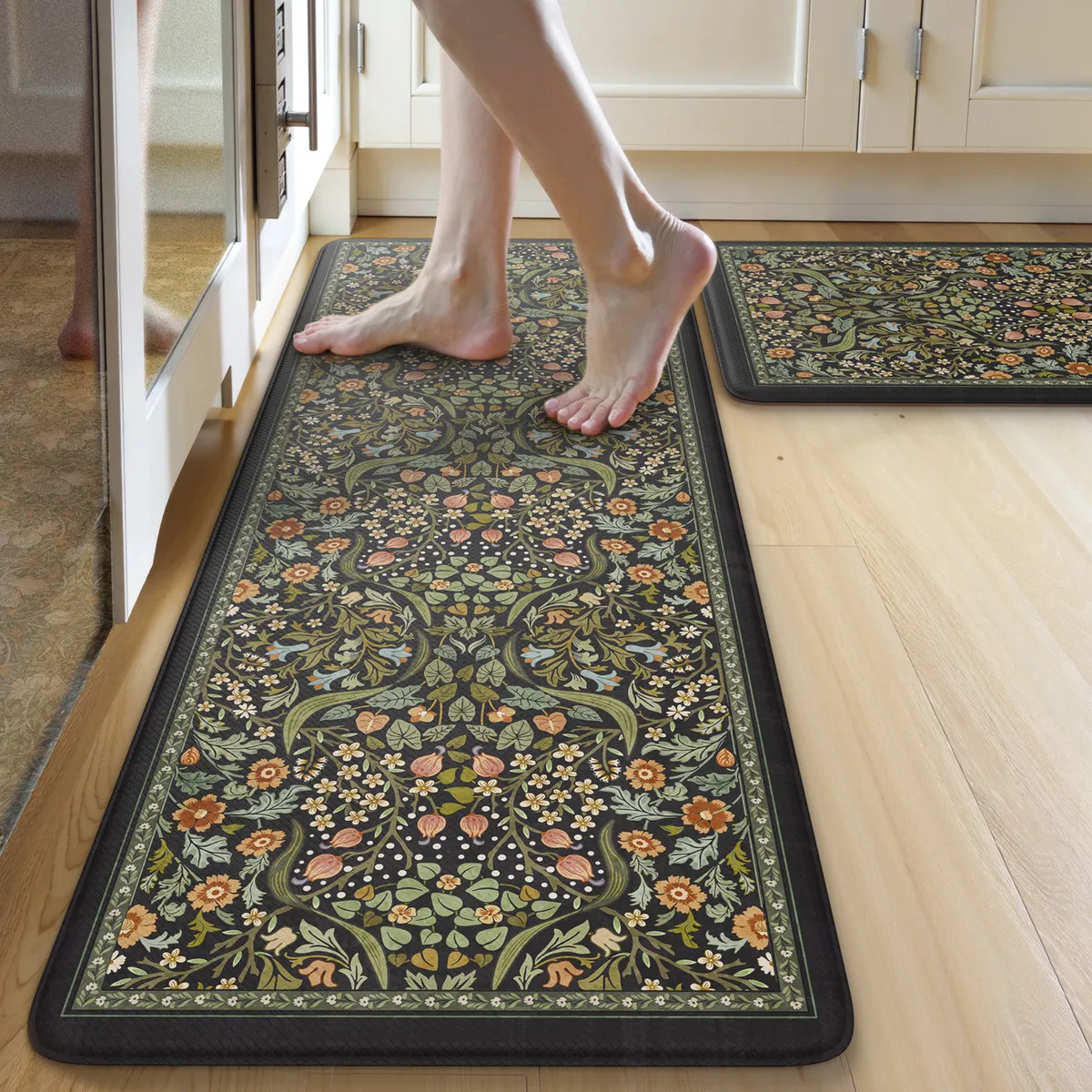 Clarisse Maximalism Floral Black Anti-Fatigue Kitchen Mat Set - Lahome | Lahome