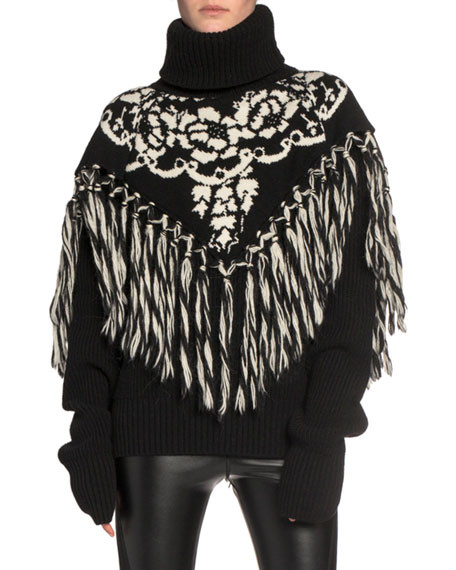 SACAI Floral Intarsia Fringe-Yoke Turtleneck Sweater | Bergdorf Goodman