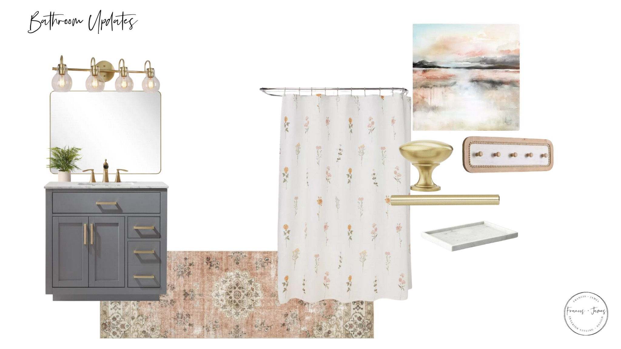 Girl bathroom, girls bath, teen bathroom, bathroom update, floral bathroom, floral shower curtain, blush bathroom, gold hardware, blush rug, blush runner, marble accents, bathroom update