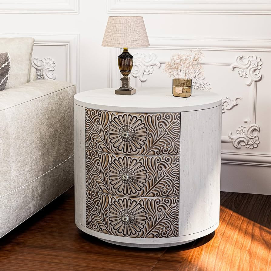 HOMPUS Round End Table w Flower Pattern, Nightstand w 3 Storage Drawers, Small Night Stand w Wood... | Amazon (US)