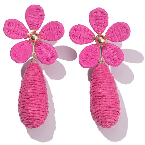 Flower Teardrop Earrings Boho Raffia Floral Stud Raindrop Dangle Earrings Statement Tear Drop Dangling Earrings Cute Handmade Jewelry for Women(Hot Pink) | Amazon (US)