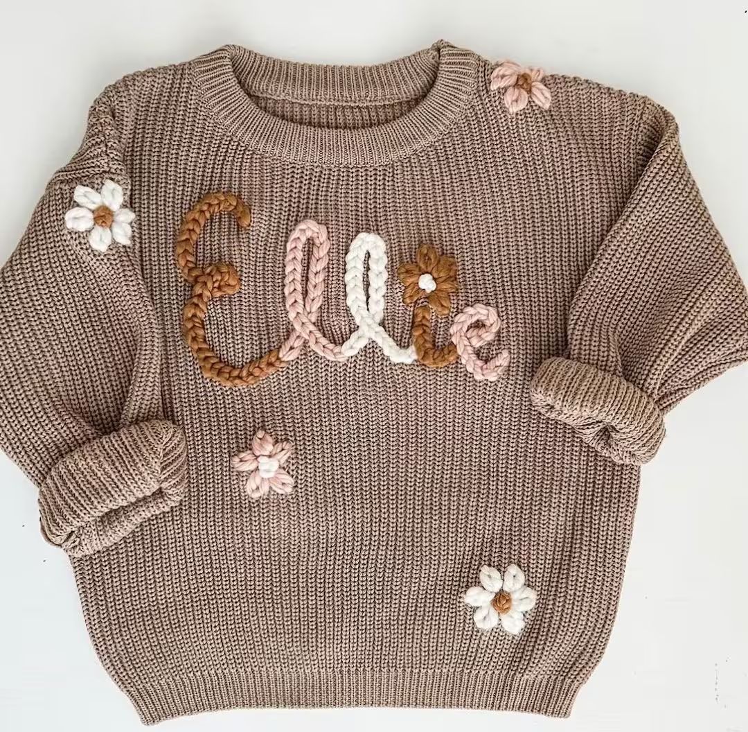 Personalized Hand Embroidered Brown Pink Cream Flower Custom Name Sweater - Etsy | Etsy (US)