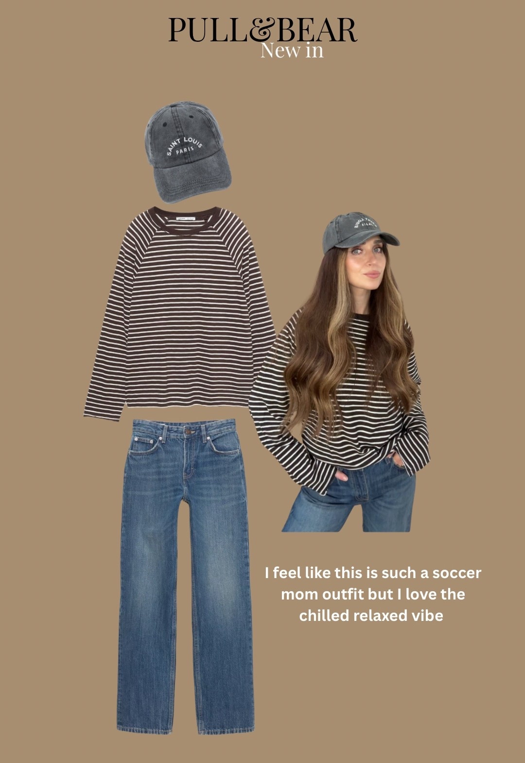 Casual everyday outfit from PULL&BEAR ✨ Brown stripe long sleeve top paired with straight leg jeans and cap 🧢  

#pullandbearcommunity 

#LTKspring #LTKuk #LTKeurope