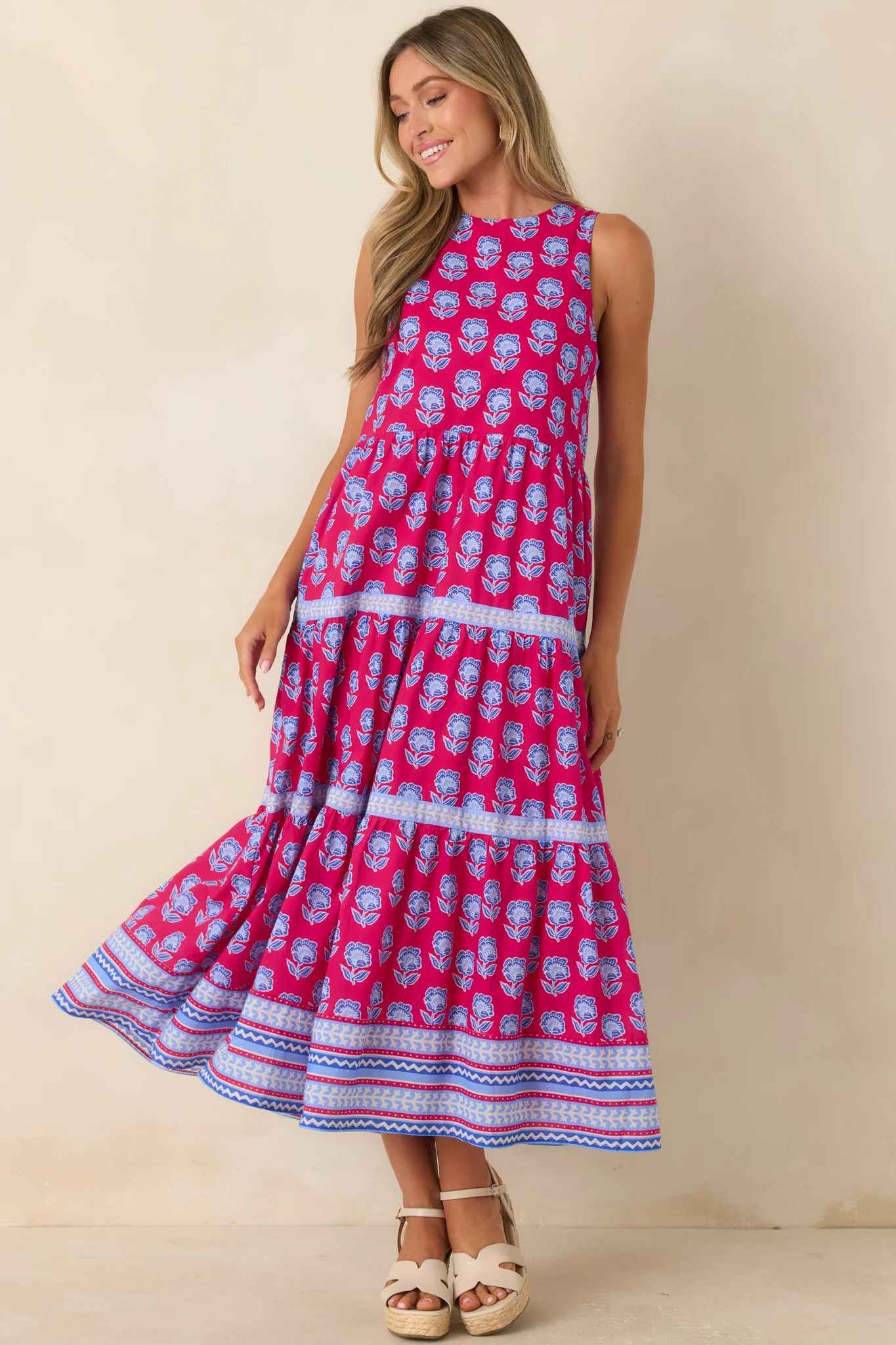 Love Finds a Way Magenta & Blue Printed Cotton Midi Dress | Red Dress