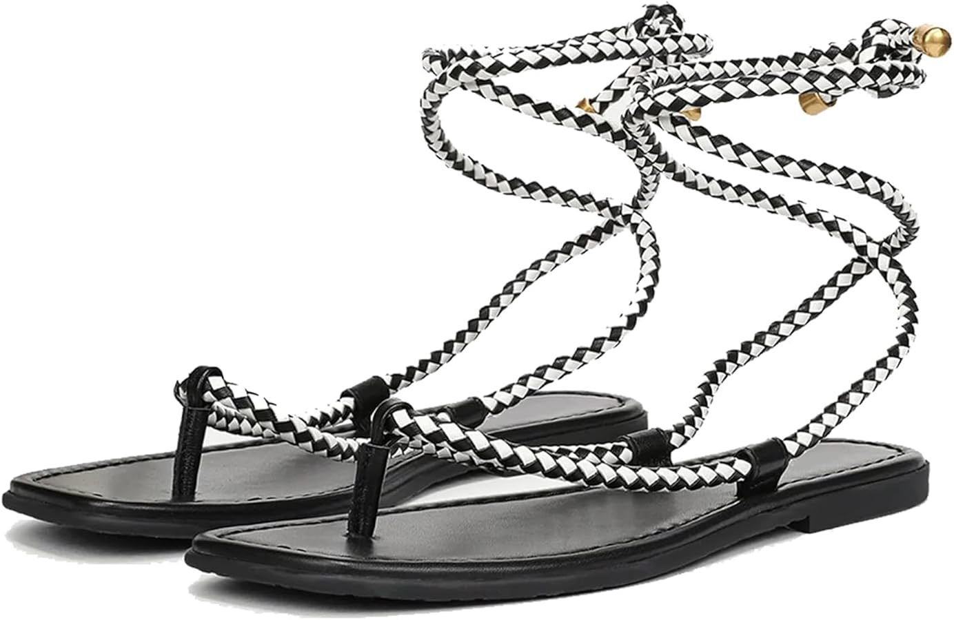 Rope Flat Sandals for Women Strappy Lace Up Square Open Toe Thong Sandals Comfortable Summer Beac... | Amazon (US)