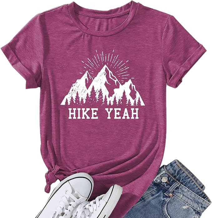Funny Hiking T Shirts Women Cute Mountain Sunrise Pine Tree Letter Print Graphic Tee       Send t... | Amazon (US)