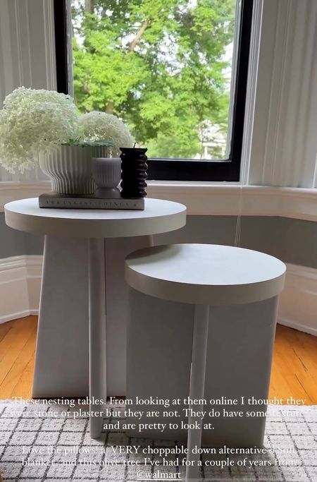 Nesting tables in my living room! From looking at them online I thought they were stone or plaster but they are not. They do have some texture-and are pretty to look at 