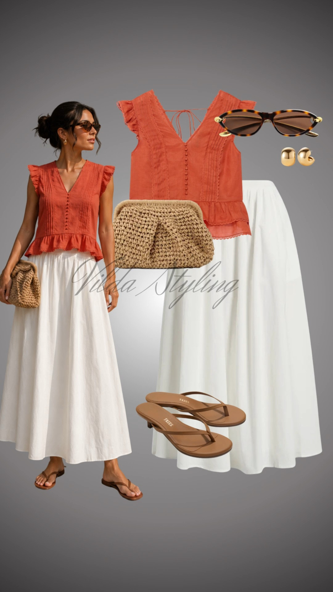 Soaking up the sun in the perfect summer combo. 🍊☀️
I’m absolutely obsessed with this vibrant rust-colored peplum top—the ruffles and buttons add such a feminine touch. I’ve paired it with a flowy white maxi skirt for an effortlessly elegant look that’s great for vacation or a weekend brunch. Completed the outfit with my favorite woven clutch, comfy Tkees sandals, and classic gold hoops.

#LTKstyletip #LTKsummer #summerstyle #vacationoutfit #peplumtop #maxiskirt #effortlesschic #ootd #goldhoops #ltkfashion

#LTKsummer #LTKstyletip #LTKeurope