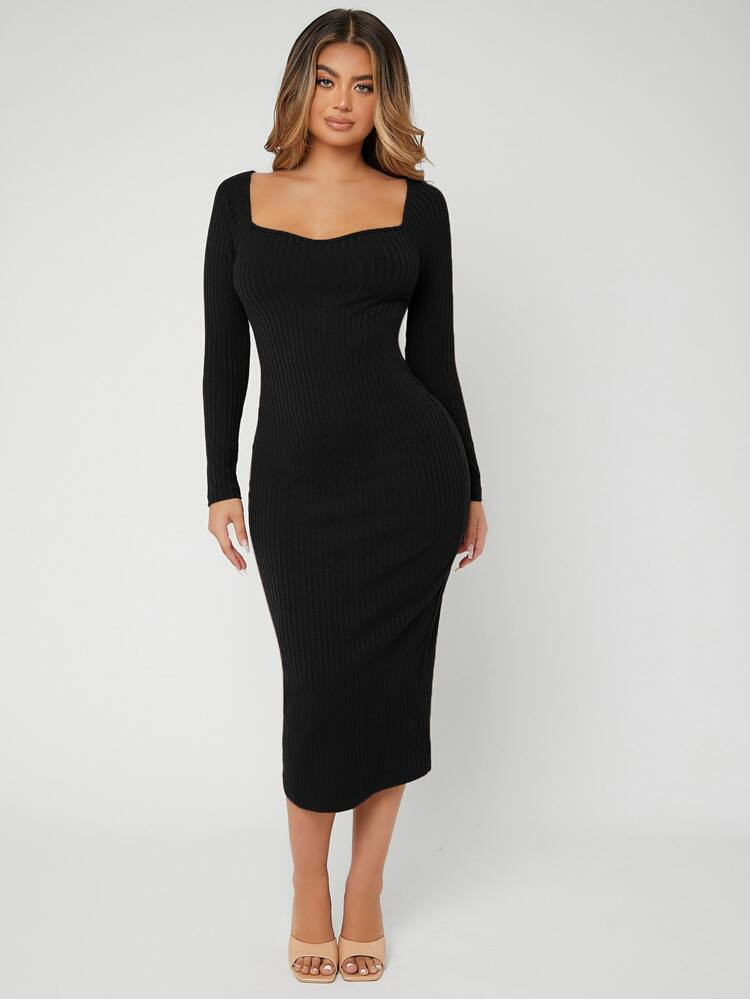 SHEIN Solid Rib-knit Sweetheart Neck Bodycon Dress | SHEIN