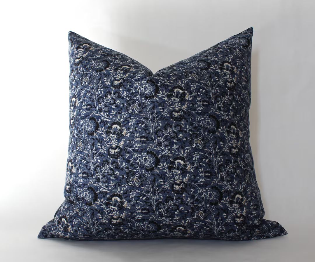 Dark Blue Floral Pillow Deep Blue Floral Throw Pillow Blue - Etsy | Etsy (US)