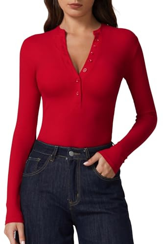 QINSEN Button Down Shirts for Women V Neck Long Sleeve Ribbed Knit Slim Fit Basic Tee Tops | Amazon (US)