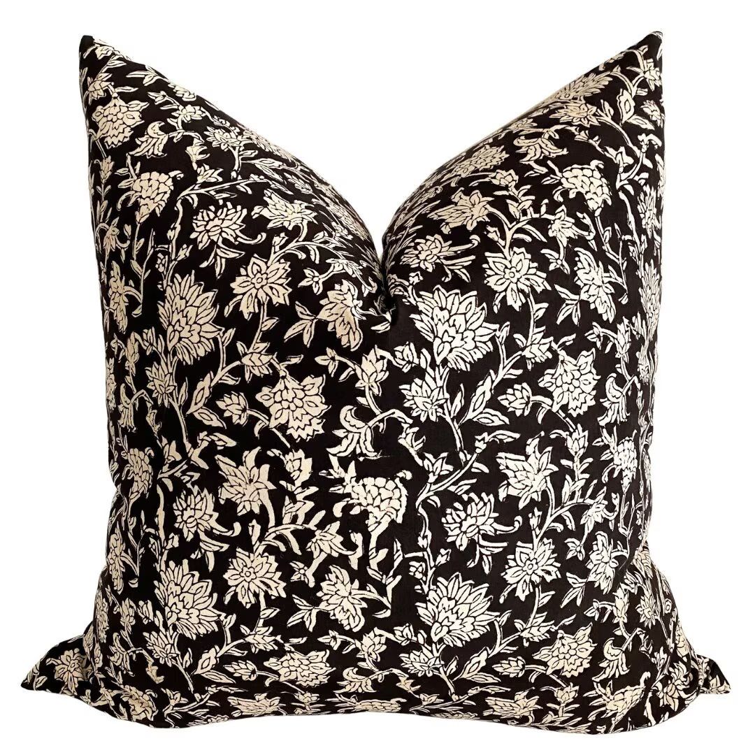 Black Floral Block Print Pillow Cover, Floral Pillow Cover, Black Pillow Cover, Block Print Pillo... | Etsy (US)