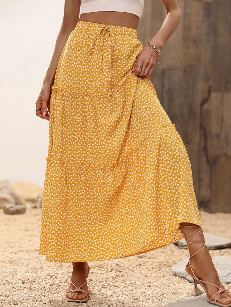 Ditsy Floral Print Tie Front Layered Hem Skirt | SHEIN