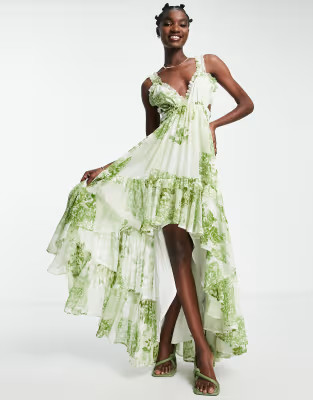 ASOS DESIGN waterfall dress with raw edge finish in green patchwork print | ASOS (Global)