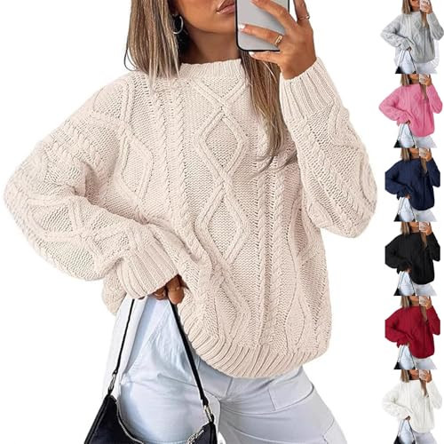 Cream Cable Knit Sweater Women Oversized Pull Over Sweaters Knit Mock Neck Sweater Fall Outfits Ladies Winter Warm Tunic Coastal Grandma Women's Sweaters Suéter para Mujer | Amazon (US)