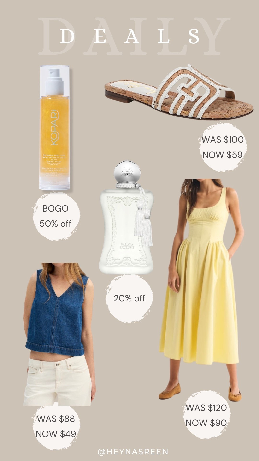 Daily deals on Kopari body glow gel SPF, Sam Edelman sandals, Abercrombie dress, Parfums de Marley Valaya, Madewell top