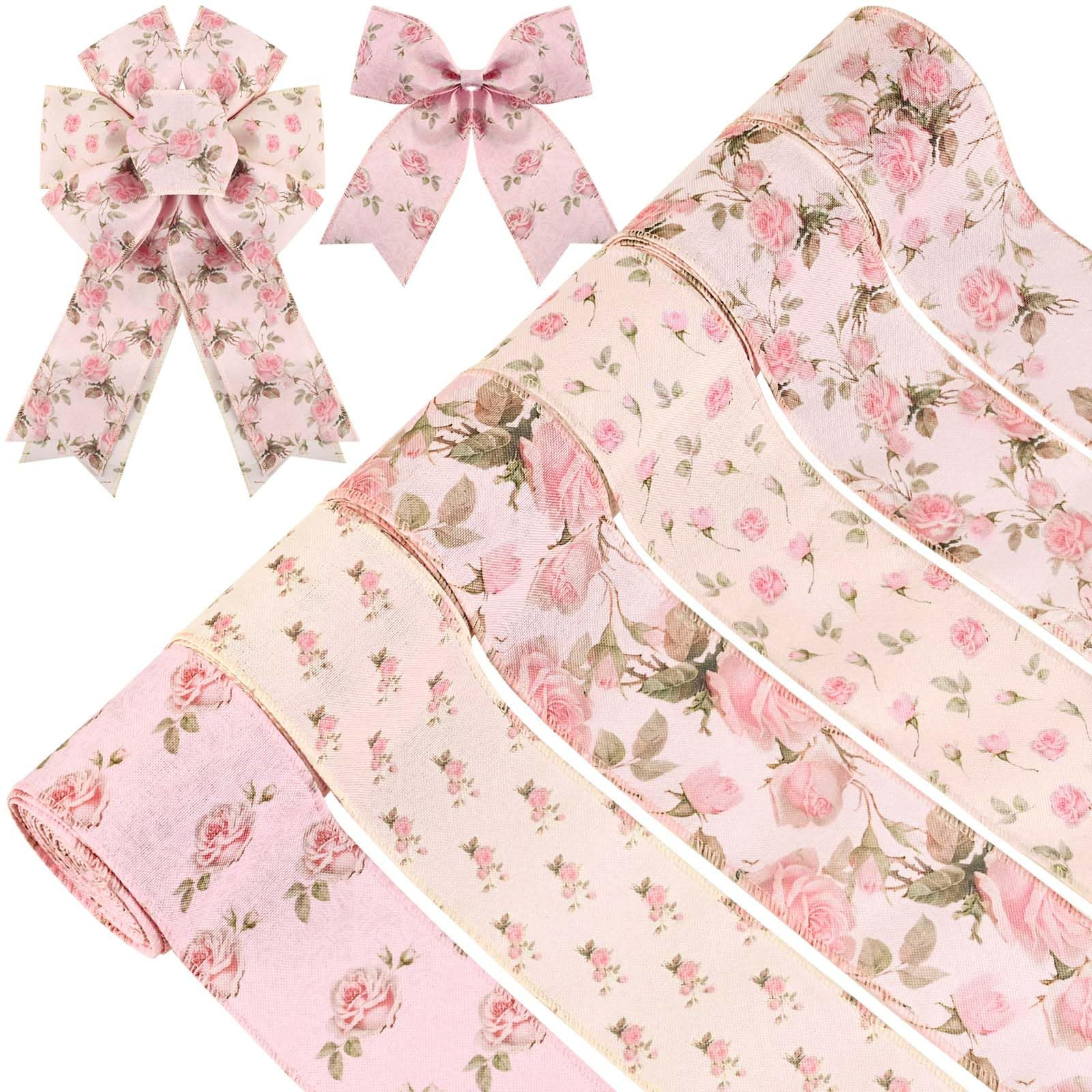6Rolls Vintage Rose Wired Edge Ribbon Pink Floral Printed Fabric Ribbon for Gift Wrapping Bow Wre... | Amazon (US)