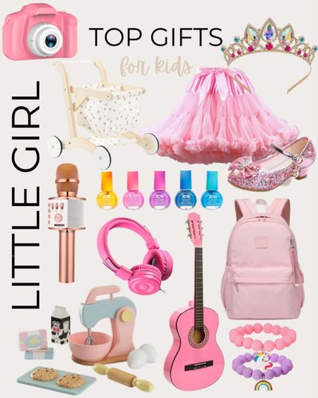 Gift ideas for the little girl include tutu, princess crown, princess dress up shoes, pink backpack, bracelets, small pink guitar, pink headphones, wooden play kitchen mixer, karaoke microphone, wooden play baby stroller, and play camera.

Gifts for girls, gifts for kids, kids gifts, toy gifts, Christmas gifts, gifts for five year olds, gifts for six year olds, gifts for seven year olds, gifts for four year old

#LTKfamily #LTKkids #LTKGiftGuide