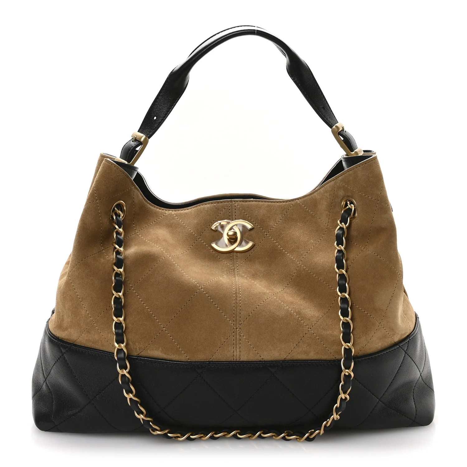 Chanel Suede Calfskin Shiny Lambskin Quilted Small Shopping Bag Beige Black | FASHIONPHILE (US)