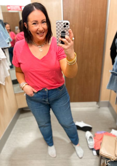 30% off denim and tees at Target!  Through the end of the day 3/16!  XXL fitted v neck tee. Found this brought pink color in store. Size 16 jeans. Love the length on these but definitely prefer more tummy control. I didn’t like how these fit up top!  

#LTKmidsize #LTKSeasonal #LTKsalealert