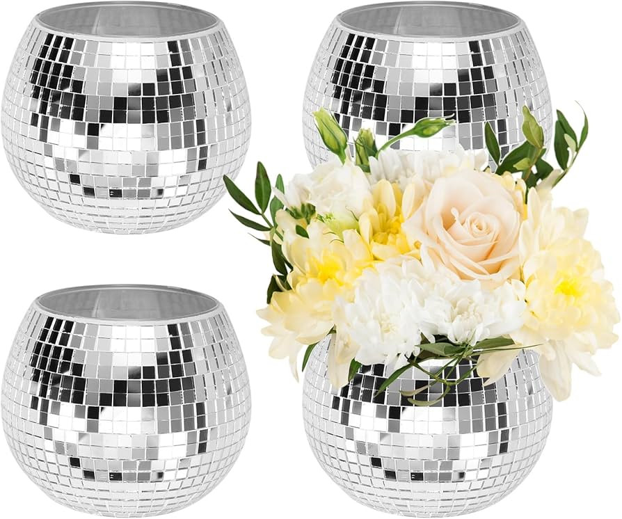 Disco Ball Vase, 4Pcs Glass Disco Ball Planter for Flowers 4"x3" Silver Mirrored Mosaic Flower Va... | Amazon (US)