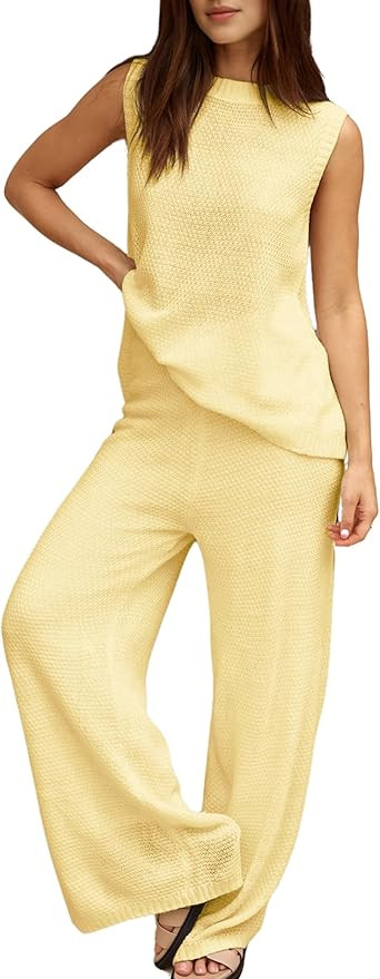PUWEI Women's 2 Piece Lounge Set Bow Sweater Vest Wide Leg Pants Summer Matching Sets Travel Outf... | Amazon (US)