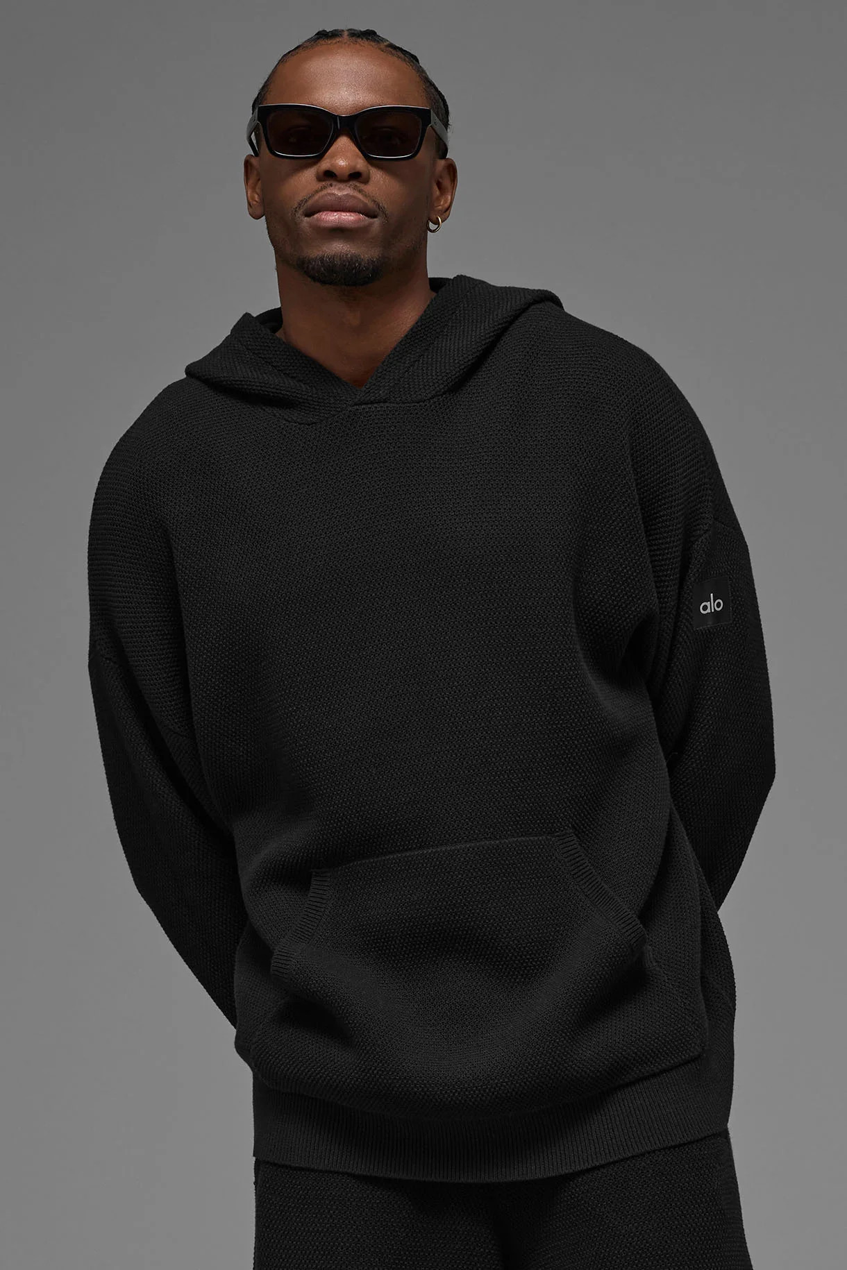 ALO | Sports Club Sweater Knit Hoodie in Black, Size: 2XL | Alo Yoga (US)