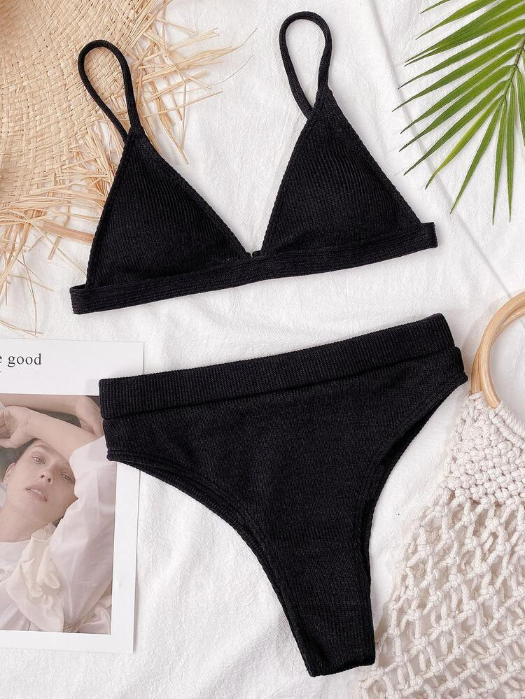 Rib Triangle High Waisted Bikini Swimsuit | SHEIN