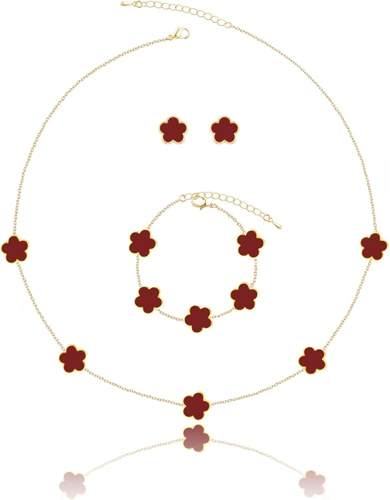 Four Leaf Clover Necklace Bracelet and Stud Earrings Set for Women Lucky Flower 14K Gold Jewelry | Amazon (US)