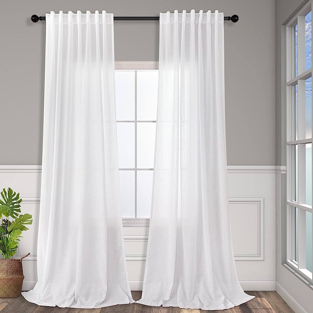 White Linen Curtains 108 Inches Long for Living Room 2 Panels Set Back Tab Drapes Semi Sheer Cott... | Amazon (US)