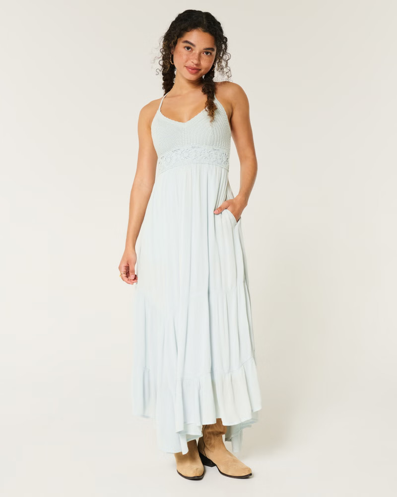Crochet-Style Mix V-Neck Maxi Dress | Hollister (US)